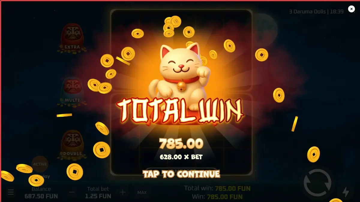 Ang makulay na interface ng 3 Daruma Dolls slot na nagpapakita ng mga simbolo at ang tatlong Daruma dolls sa itaas.